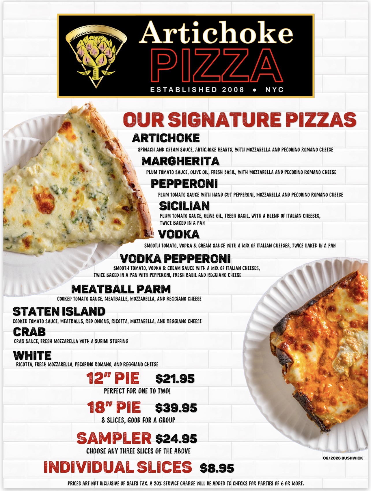 Artichoke Pizza menu page 1