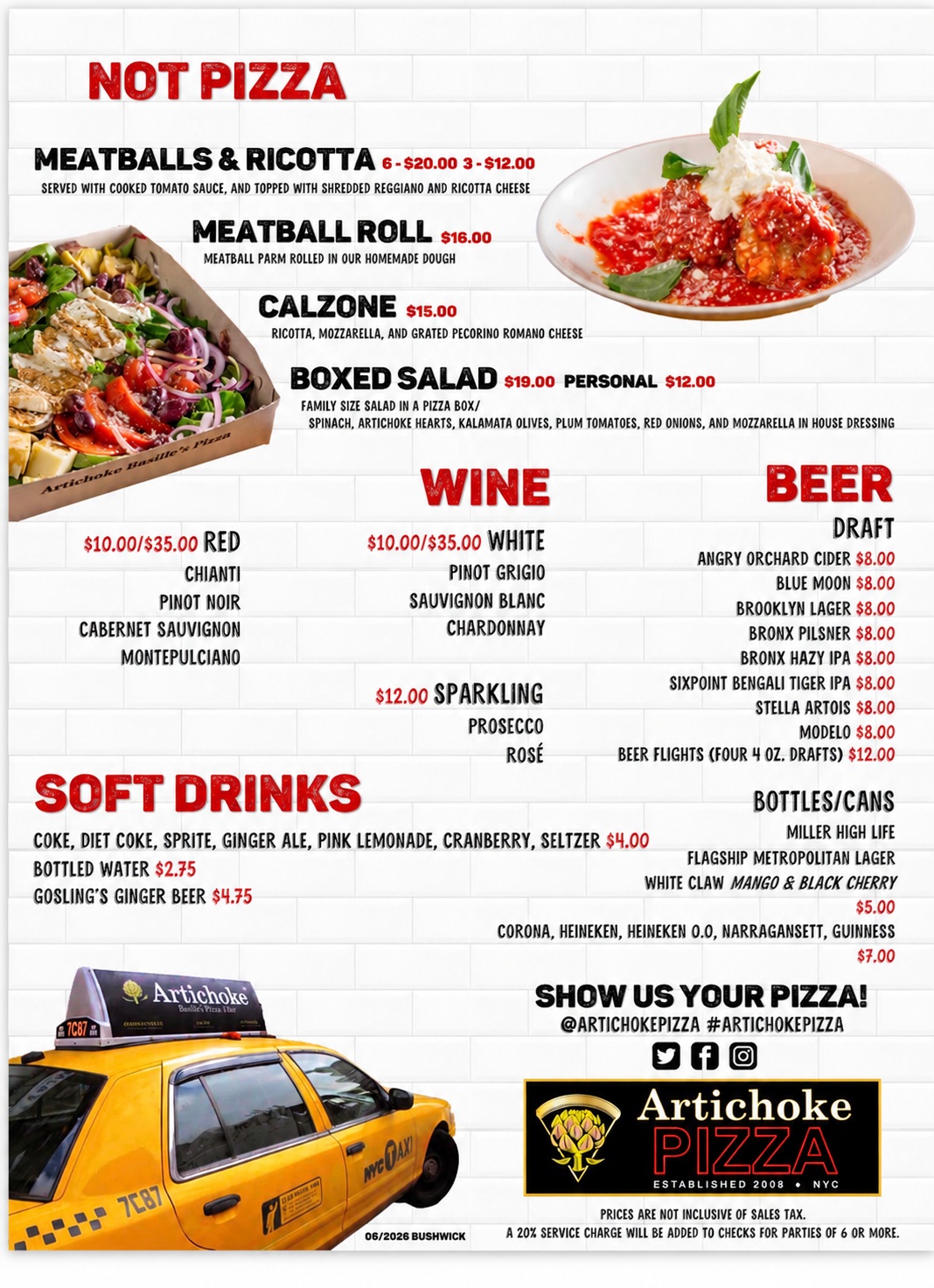 Artichoke Pizza menu — Not Pizza, wine, beer and soft drinks, including Brooklyn Lager for $8
